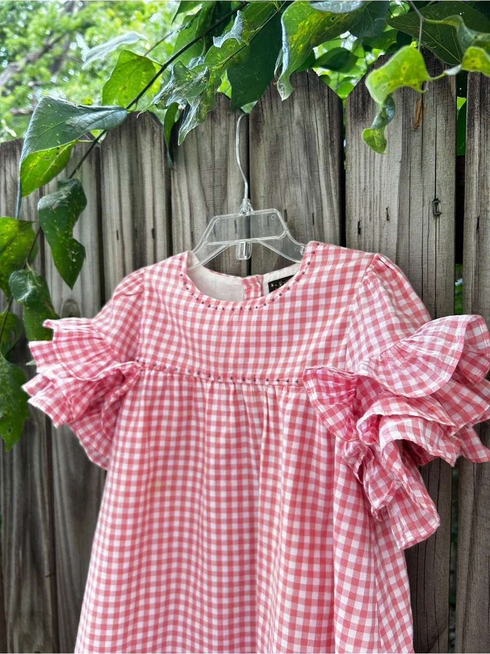 Velveteen Pink Gingham Ruffle-Sleeve Casual Dress